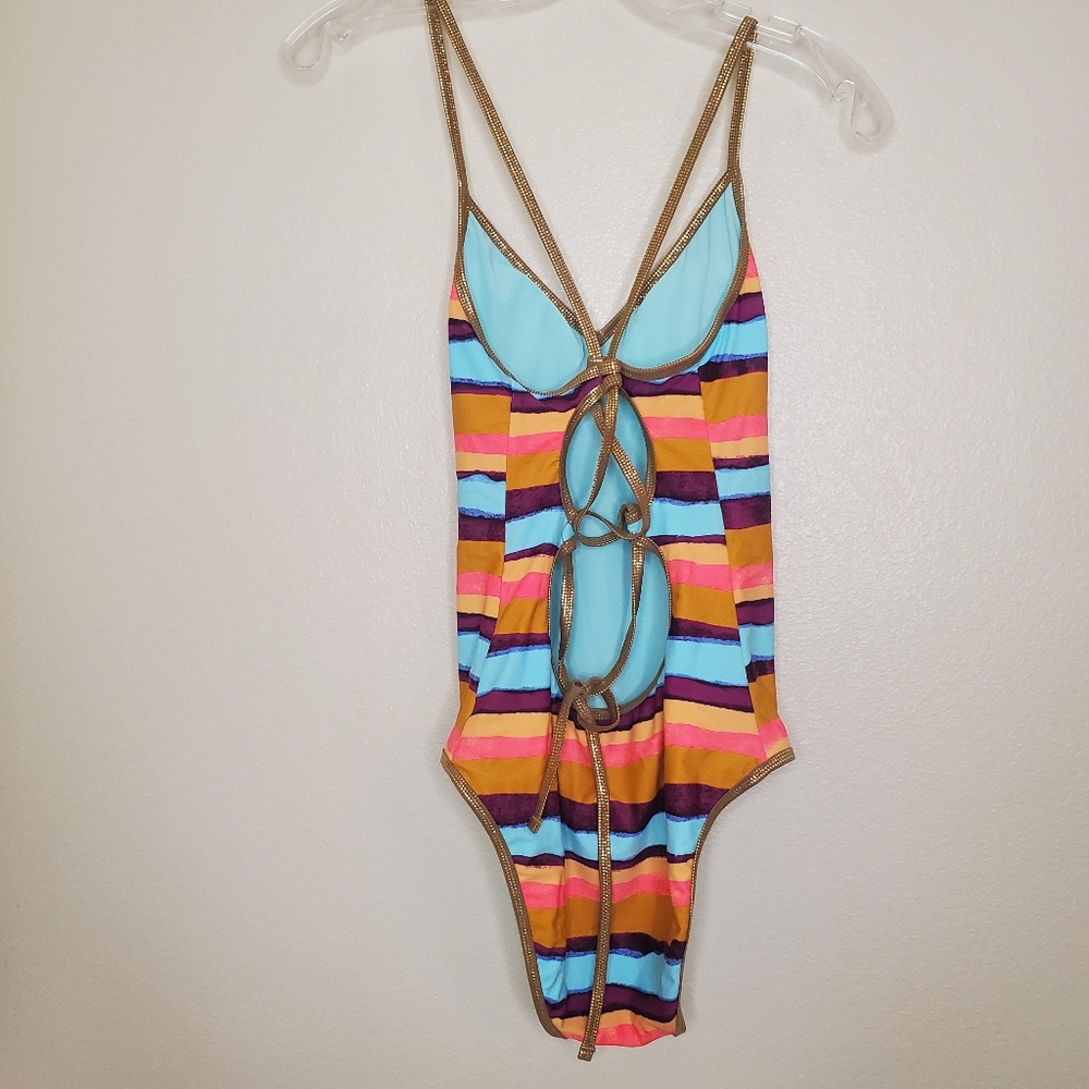 Aerie One Piece Swimsuit Orange Striped Strappy Back Full Coverage Size Small View 2